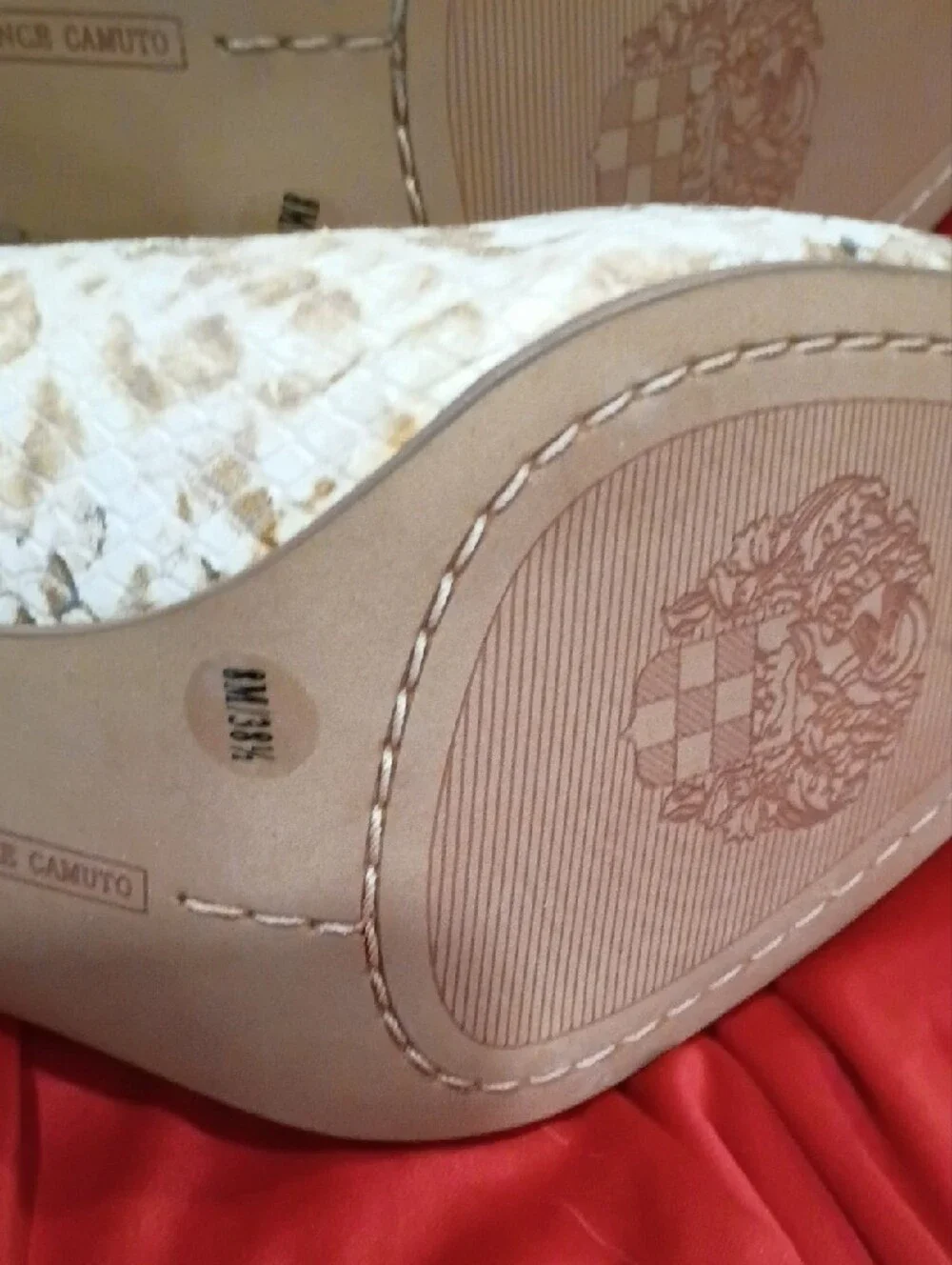 Vince Camuto Cream and Brown Snake-Print Pointed Ankle Booties